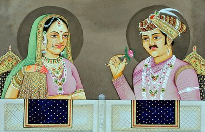 Pintura em miniatura de Akbar com Jodha Bai Índia Ásia de School Indian