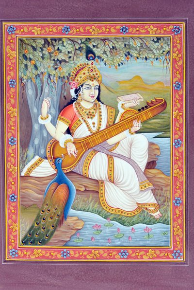 Pintura em miniatura da Deusa Saraswati de School Indian