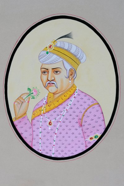 Pintura em miniatura do Imperador Mughal Akbar de School Indian