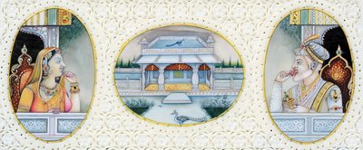 Pintura em miniatura do imperador Mughal Aurangzeb com a esposa Mehrunnisa de School Indian