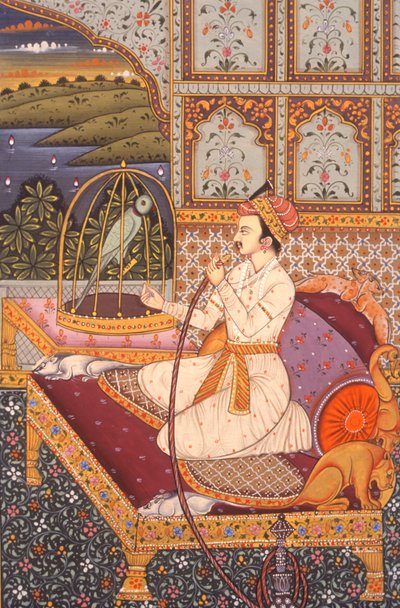Pintura em miniatura de um príncipe mogol a saborear uma Hooka, Índia de School Indian