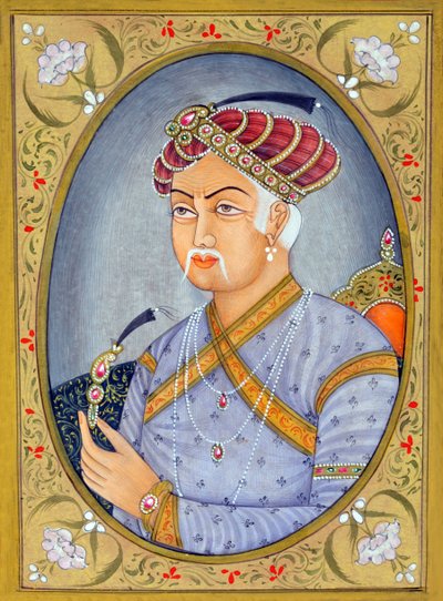 Pintura em miniatura do Imperador Mughul Akbar de School Indian