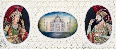 Pintura em miniatura do Imperador Mughul Shah Jahan com a esposa Mumtaj Mahal de School Indian