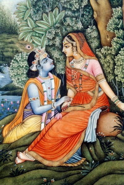 Pintura em miniatura de Radha Krishna, Índia de School Indian