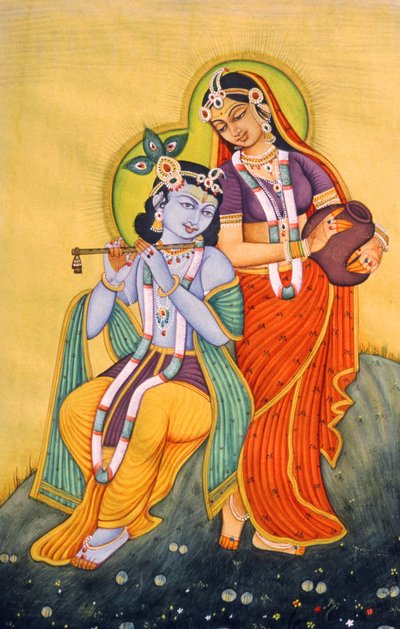 Pintura em miniatura de Radha Krishna, Índia de School Indian