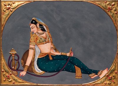 Pintura em miniatura sobre papel Senhora a desfrutar de cachimbo de água de School Indian
