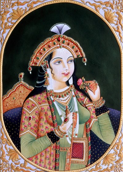 Pintura em miniatura sobre papel da Princesa Mumtaz Mahal, esposa do Imperador Mughal Shah Jahan de School Indian