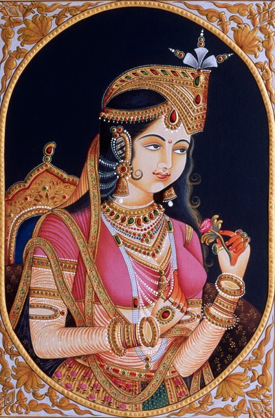 Pintura em miniatura sobre papel da Princesa Mumtaz Mahal, esposa do Imperador Mughal Shah Jahan de School Indian
