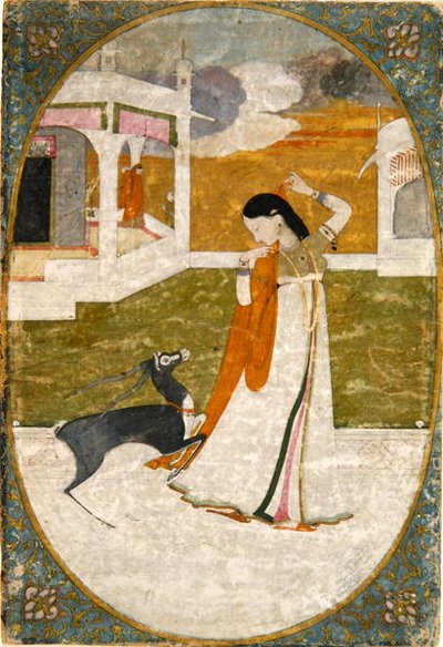 Nayika com Veado, Punjab Hills (aguarela opaca sobre papel) de School Indian