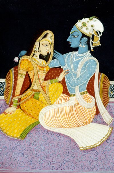 Pintura de Deus Krishna e da sua maior devota Radha, Índia de School Indian