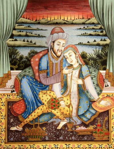 Pintura do imperador Mughal com a sua mulher numa cena de amor, Índia de School Indian
