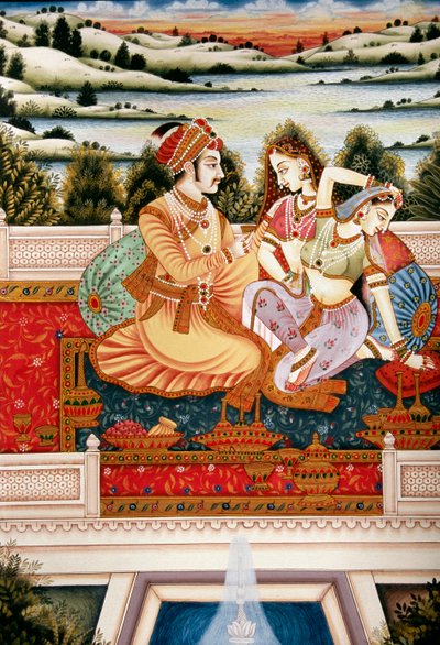 Pintura do Imperador Mughal com as suas esposas numa cena de amor, Índia de School Indian