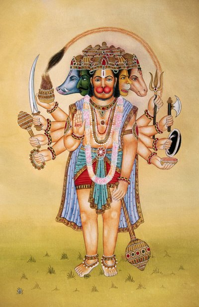 Panchmukhi Senhor Hanuman Pintura em miniatura sobre papel de School Indian