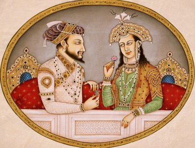 Retrato do Imperador Mughal Shahjahan com a Rainha Mumtaz Mahal, Índia de School Indian