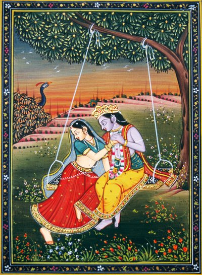 Radha Krishna a apreciar Jhoola Pintura em miniatura sobre papel de School Indian
