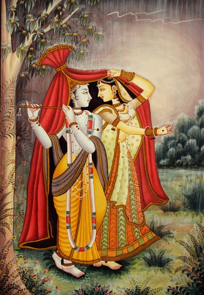 Pintura em miniatura de Radha Krishna em Monção sobre papel de School Indian