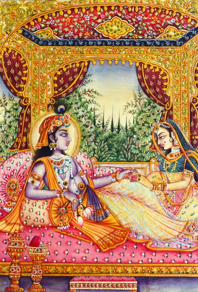 Pintura em miniatura de Radha Krishna sobre marfim de School Indian