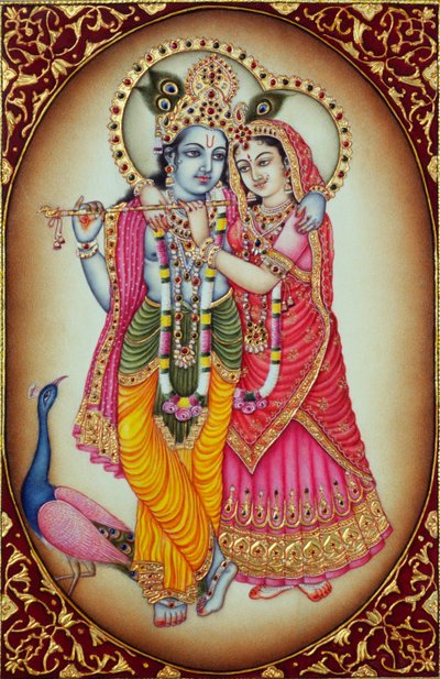 Pintura em miniatura de Radha Krishna sobre marfim de School Indian