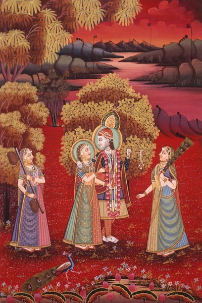 Pintura em miniatura de Radha Krishna sobre seda de School Indian