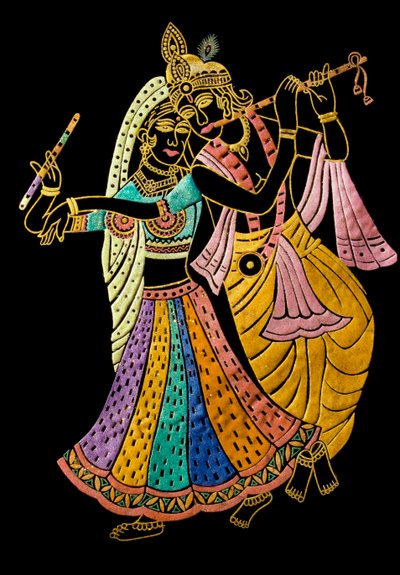 Radha Krishna Pintura em miniatura sobre veludo de School Indian