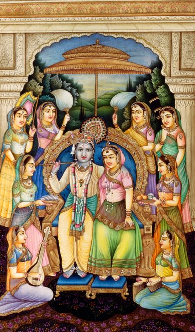 Radha Krishna em pintura miniatura sobre marfim de School Indian