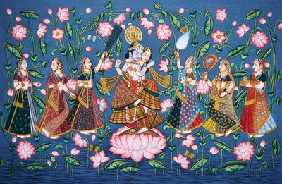 Radha Krishna com Sakhis Pintura em miniatura sobre papel de School Indian