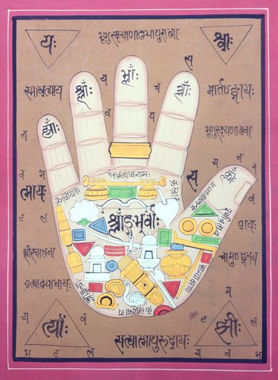 Diagrama tântrico da mão esquerda (guache e aguarela sobre papel) de School Indian