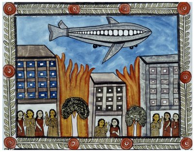 A história dos ataques de 11 de Setembro de 2001 contada pelos vendilhões Baul de Bengala. Pintura, série, número 6/9, de Bengala. de School Indian