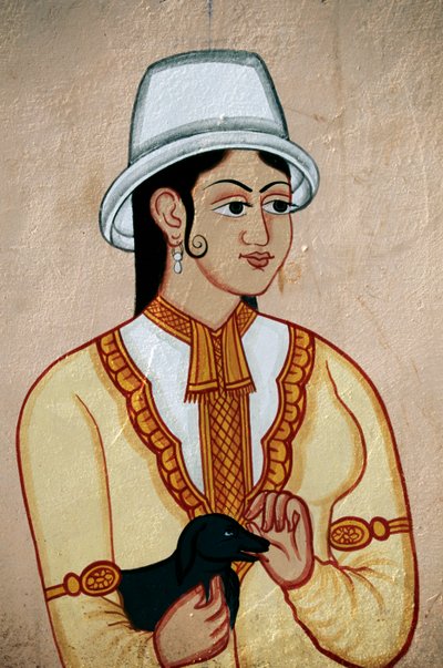 Pintura mural de uma senhora britânica com um cachorro, Jaipur, Rajastão, Índia de School Indian