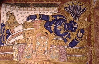 Pintura mural do Deus Vishnu pousado sobre uma serpente (fresco) de School Indian
