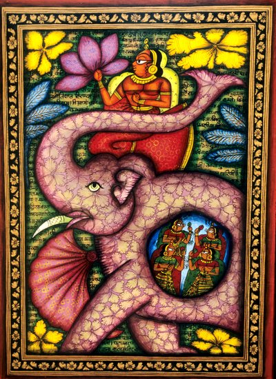 Mulher sentada num elefante e segurando uma flor Pintura em miniatura, Índia de School Indian