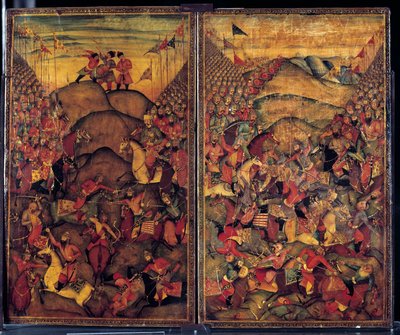 Cena de batalha. Pintura do século XVII de origem Indo-Iraniana. Museu de Artes Decorativas de Paris. de School Iranian