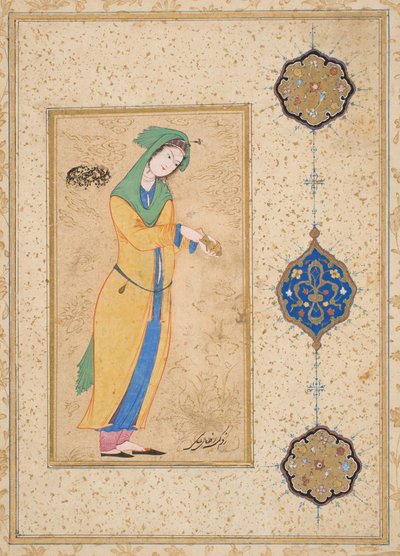 Houri em pé num Jardim (aguarela opaca sobre papel) de School Iranian