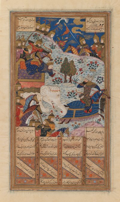Rustam Lassoes o Khagan da China, Folio de um manuscrito do Shah-Nama de Firdausi, finais do século XV-XVI (tinta, aguarela opaca e ouro sobre papel) de School Iranian