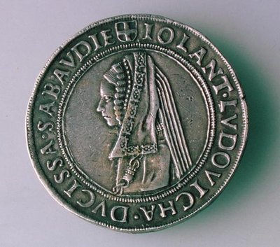 Moeda de 4-Teston (reverso) de Philibert II de Savoy (1497-1504) representando sua esposa, Iolanta Ludovica de School Italian