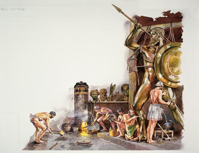 Antiga Atenas - reconstrução de uma oficina de escultura em bronze (cor litho) de School Italian