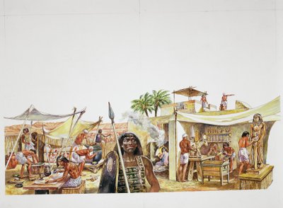 Ancient Thebes - reconstrução de um quarto de Deir el-Medina (cor litho) de School Italian
