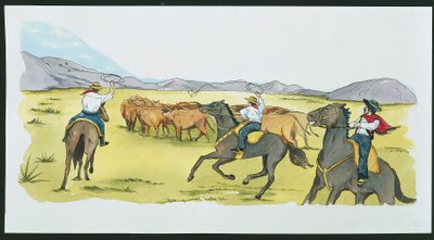 Argentina - gaúchos que recolhem gado nos Pampas (cor litho) de School Italian