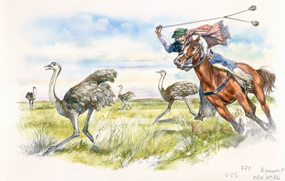 Argentina - pastores caçando ema nos Pampas (cor litho) de School Italian