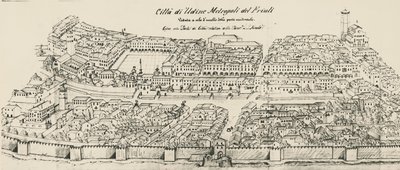 Vista aérea da parte ocidental da cidade de Udine, gravura, Itália de School Italian