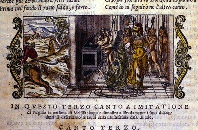 Bradamante conhece a mágica Melisse que lhe diz que ela e Roger (Ruggero, Ruggiero) fundaram a dinastia Este, Cena retirada do poema cavalheiresco "Orlando Furioso" de Ludovico Ariosto (1474 - 1533) dit L