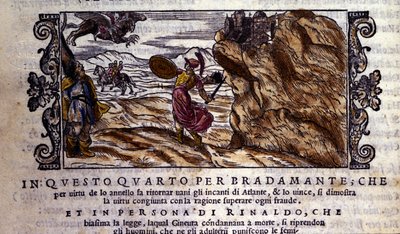 Bradamante rasga Brunel seu anel encantador, graças ao qual ela detesta o poder de Atlante e delivre Roger (Ruggero, Ruggiero), cena do poema do cavaleiro "Orlando Furioso" (O Roland Furioso) de Ludovico Ariosto (1474 - 1533) dit L