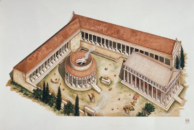 Tolos circulares cerimoniais e templo de Asclepius, Epidauro, século IV a.C. (cor litho) de School Italian