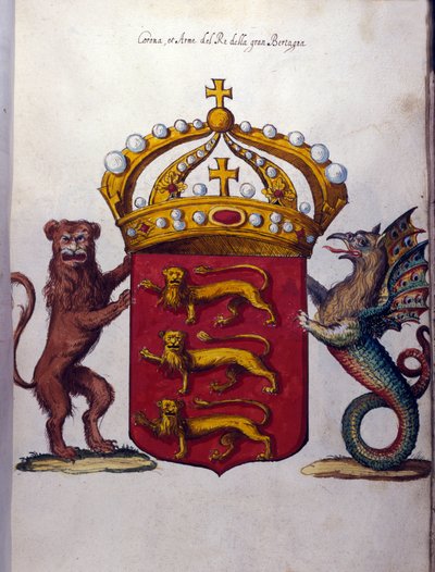O brasão da família real britânica enfeita uma coroa, um leão "" e uma criatura fantástica. Arquivo do Estado, Milão de School Italian