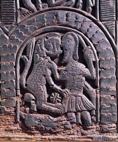 Detalhe de uma caça ao leão a partir de uma arca medieval (madeira) de School Italian