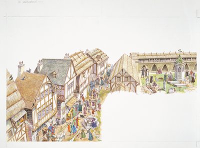 França, Idade Média - reconstrução da vida quotidiana de uma aldeia (cor litho) de School Italian