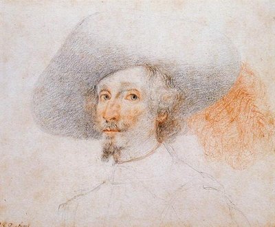 Cabeça de homem usando um grande chapéu de ameixa (lápis sobre papel) de School Italian