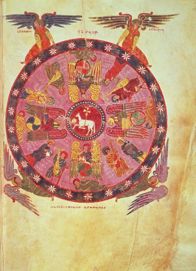 Ms. M. 644 f.87 Apocalipse 4:4 Adoração do Cordeiro pelos vinte e quatro Anciãos, cópia do "Comentário ao Apocalipse" de Beato de Liebana e Valcavado, 776 (velino) de School Italian