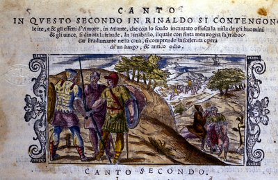 À direita Angelique (Angelica) encontra um eremita que vai parar a luta entre Renaud (Rinaldo) e Sacripante (Sacripante) pelo cavalo Bayard - Cena retirada do poema cavaleiro de "Orlando Furioso" (Le Roland Furieux) de Ludovico Ariosto (1474-1533) de School Italian