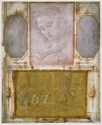 Página de &39;Libro dei Desegni&39; por Georgio Vasari (1511-74) montada e emoldurada após 1524 (ponta de metal no papel) (ver 474784 para detalhes) de School Italian